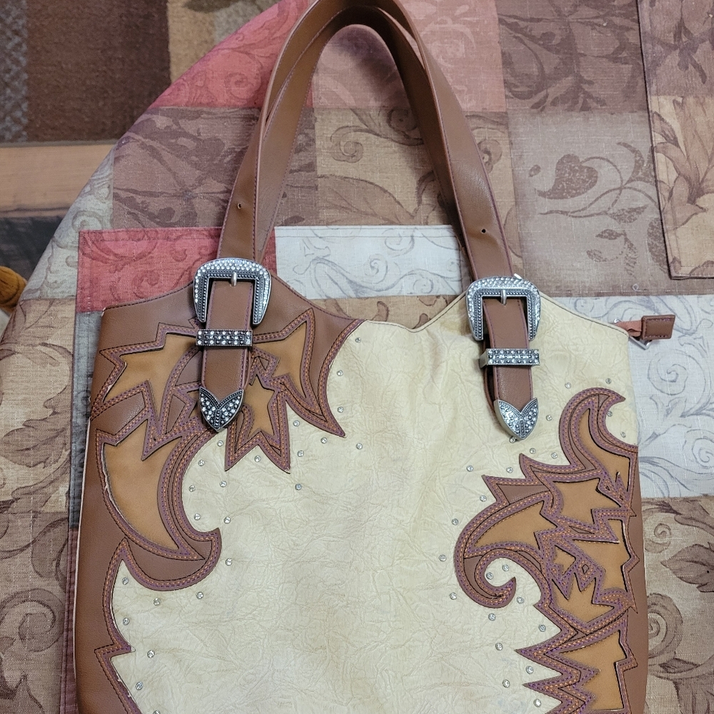 Elegant Cream and Brown Women's Bag WESTERN STYLE. REAL LEATHER